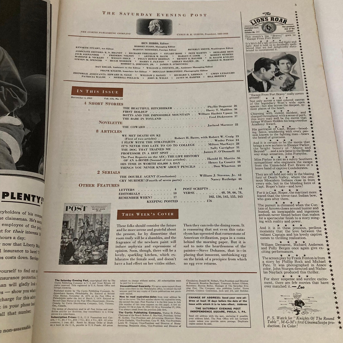 Interior page of the Saturday Evening Post Magazine December 3, 1953, showcasing the table of contents and feature sections.
