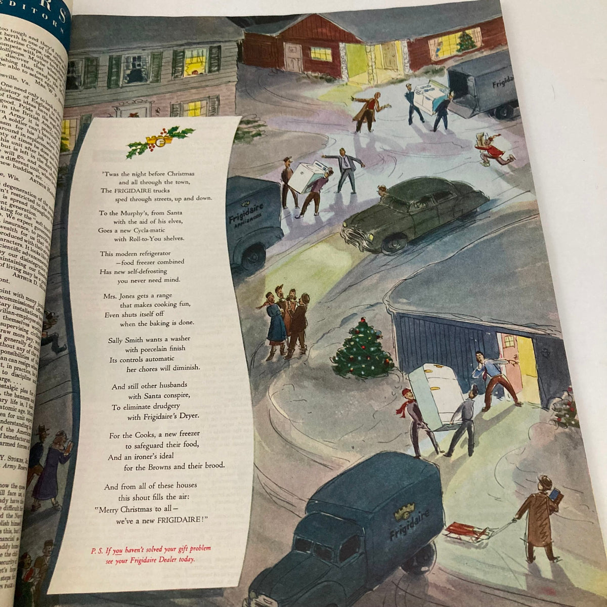 Illustration from the Saturday Evening Post Magazine December 3, 1953, depicting a festive Christmas scene with Frigidaire delivery trucks.