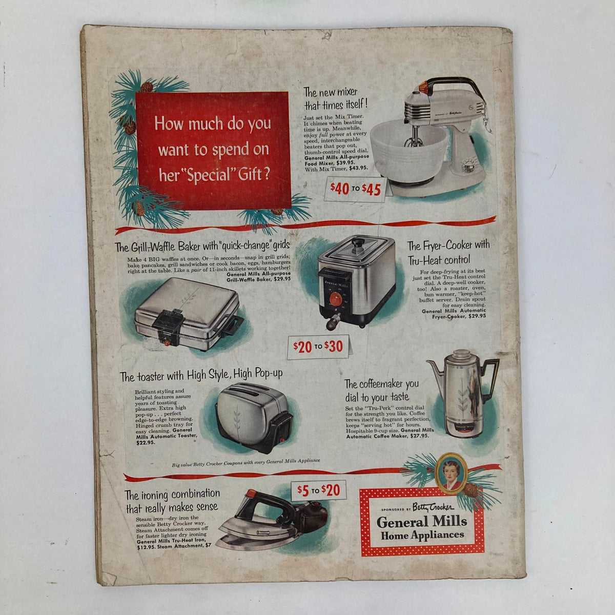 Vintage advertisement showcasing home appliances from the Saturday Evening Post Magazine December 3, 1953. This ad features items like a Grill-Waffle Baker, a High Pop-Up Toaster, a Fryer-Cooker with Tru-Heat control, and a coffeemaker, highlighting their prices and attractive features.