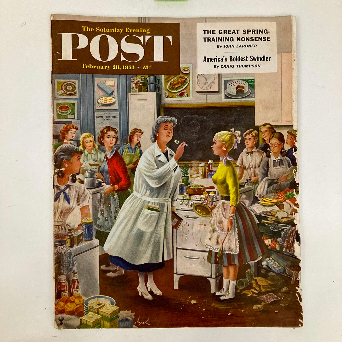 Cover of the Saturday Evening Post Magazine from February 28, 1953, illustrated by Alajalov, depicting a lively kitchen scene with women engaged in cooking and discussions.