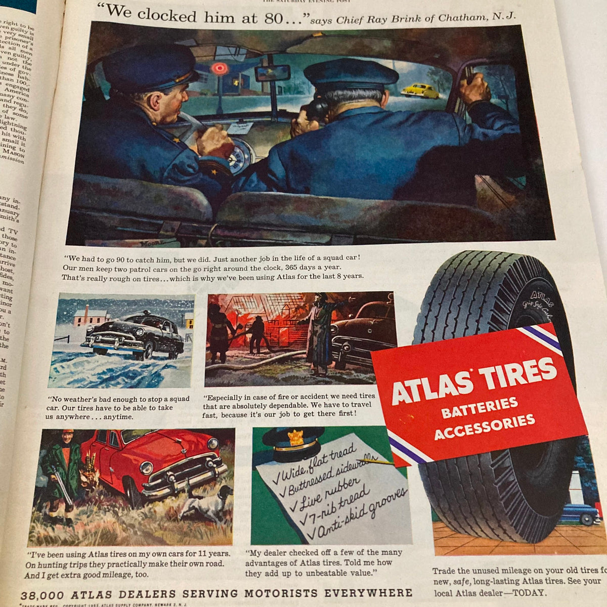 Advertisement page from the Saturday Evening Post Magazine February 28, 1953, featuring a police scene with officers discussing usage of Atlas tires.