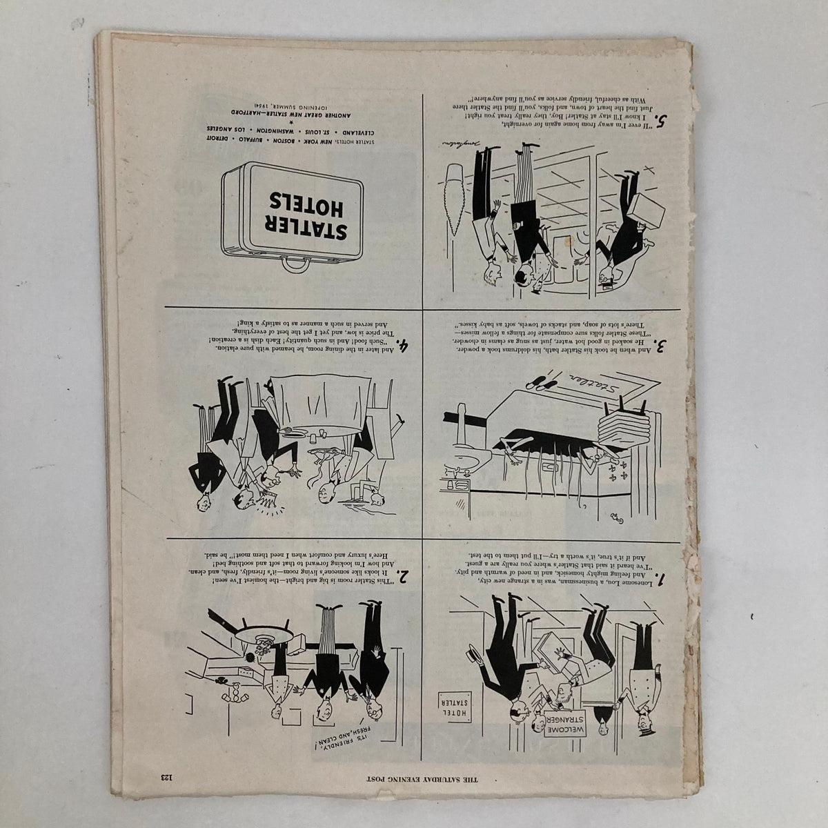 Back page of Saturday Evening Post Magazine February 28 1953 with a humorous comic strip related to the hospitality industry, illustrating interactions at a hotel.