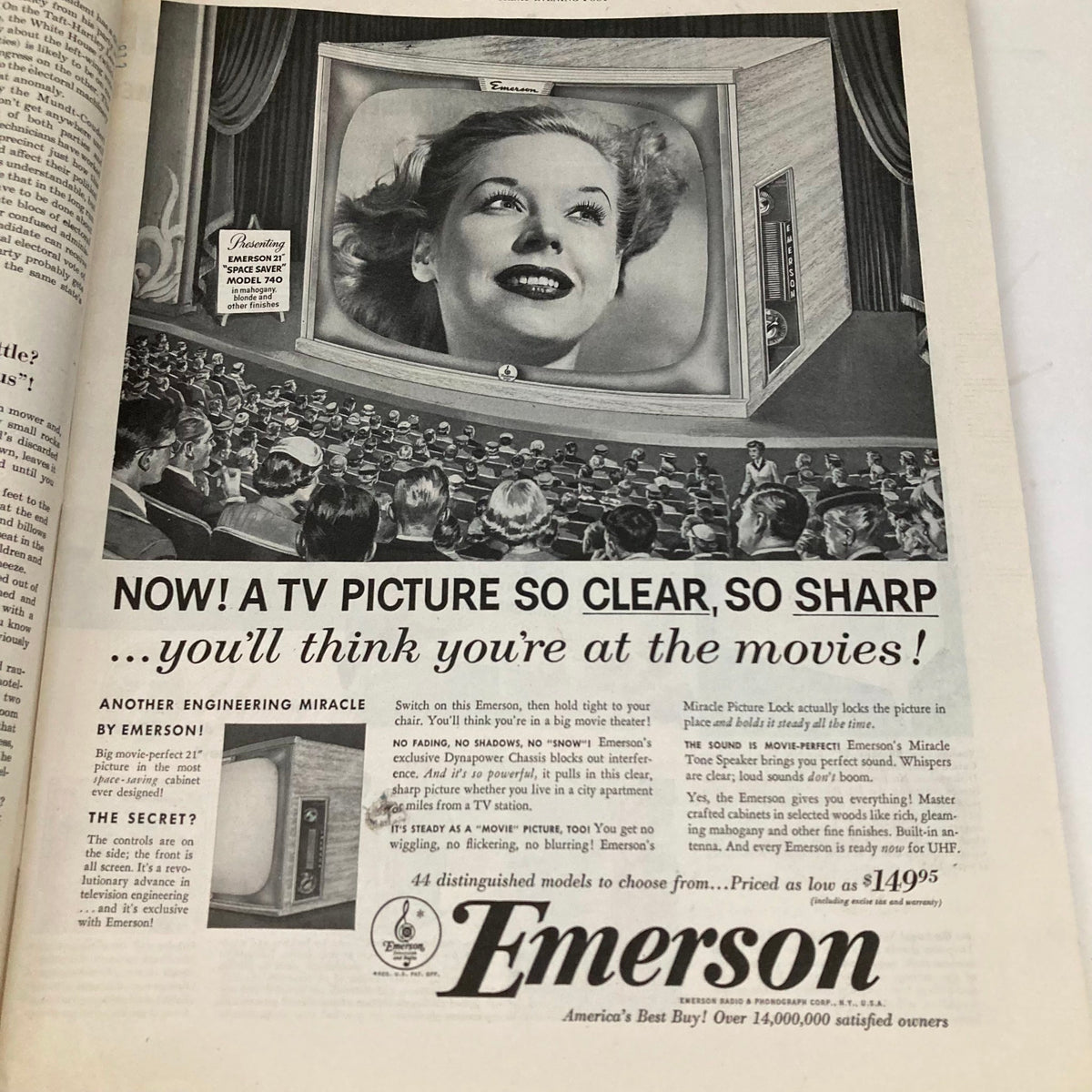 Vintage advertisement for Emerson television, showcasing a television being enjoyed in a movie theater setting, from the Saturday Evening Post Magazine September 19, 1953.