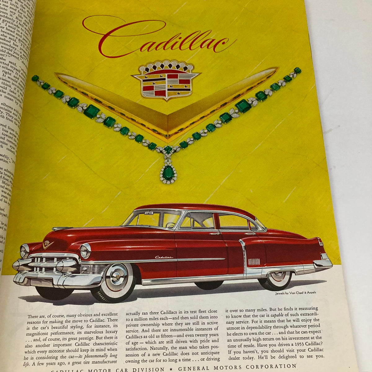 Cadillac advertisement featuring a luxurious red car and jewelry, highlighting elegance and style in the Saturday Evening Post Magazine from September 19, 1953.