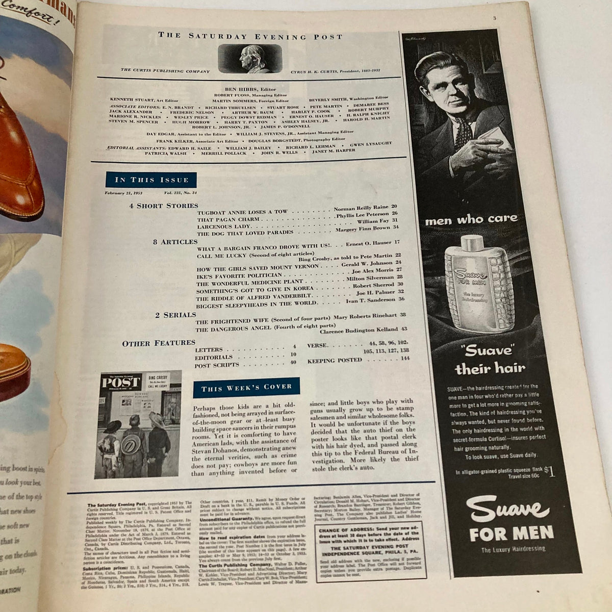 Table of contents page from Saturday Evening Post Magazine February 21 1953, displaying article listings and advertisements reflective of the 1950s era.
