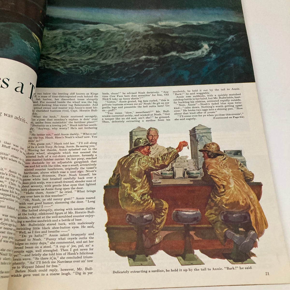A scene depicting two fishermen at a diner in Saturday Evening Post Magazine February 21 1953, capturing daily life and moments of leisure in early 1950s America.