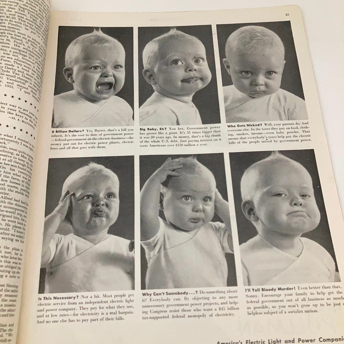 A collage of baby facial expressions in Saturday Evening Post Magazine February 21 1953, illustrating humor and commentary on government policies during the 1950s.