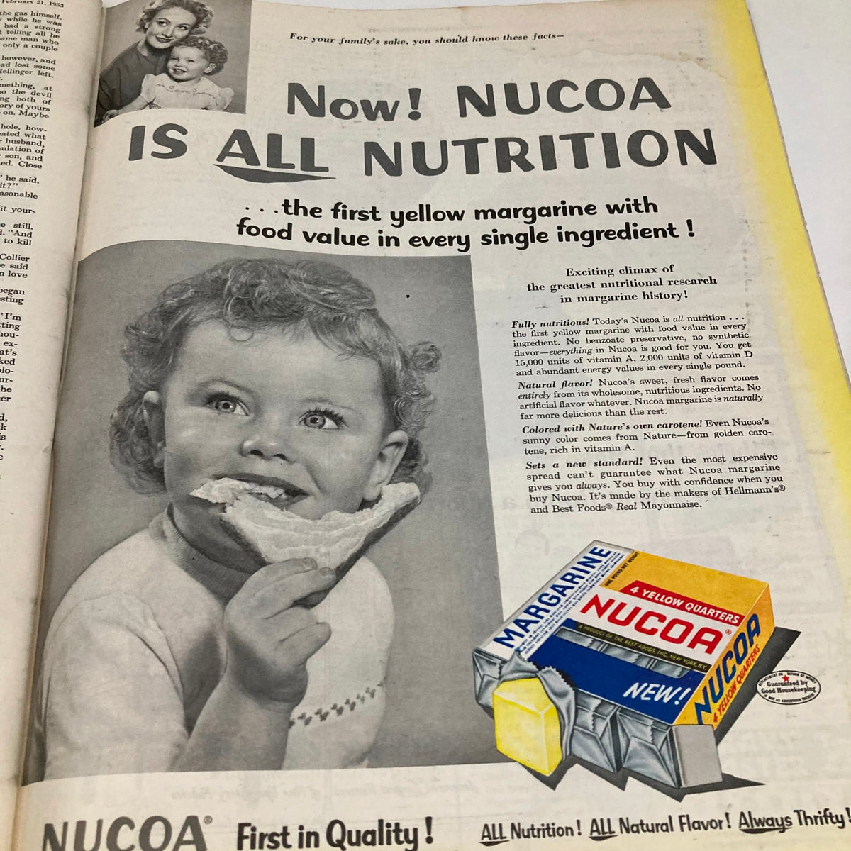 Vintage advertisement for NUCOA margarine featured in Saturday Evening Post Magazine February 21 1953, showcasing a young girl eating bread with NUCOA margarine, highlighting its nutritional value.