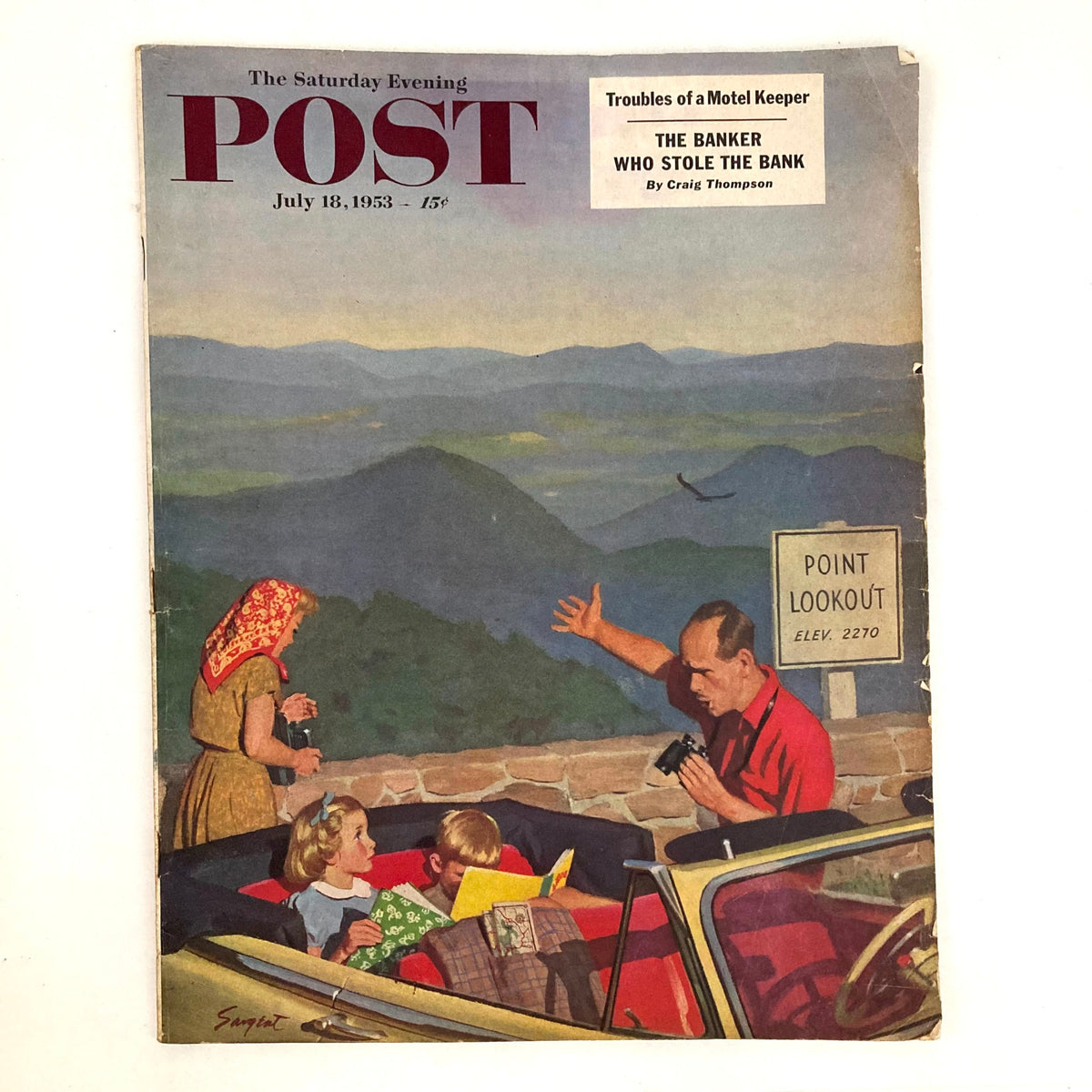 Cover of Saturday Evening Post Magazine July 18, 1953 featuring vibrant illustration by Norman Rockwell showing a family at Point Lookout, set against a scenic mountain backdrop.