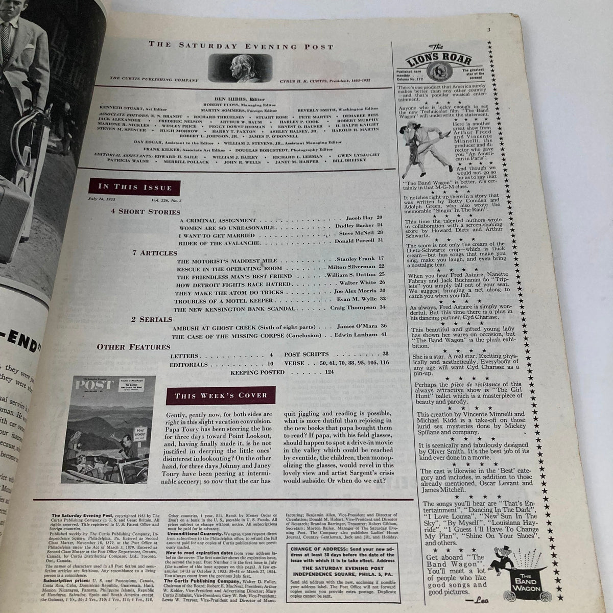 Inside page of the Saturday Evening Post Magazine July 18, 1953 detailing the table of contents and editorial contributions, showcasing the magazine's classic layout.