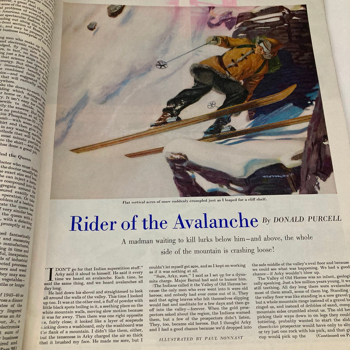 Article page from the Saturday Evening Post Magazine July 18, 1953 titled 'Rider of the Avalanche,' illustrated with dynamic skiing imagery, showcasing adventure storytelling in mid-20th century literature.