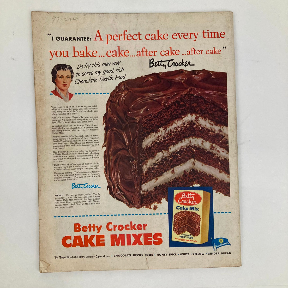 Betty Crocker Cake Mixes advertisement featuring a delicious chocolate cake, promoting ease of baking and perfect results, from the Saturday Evening Post Magazine July 18 1953.