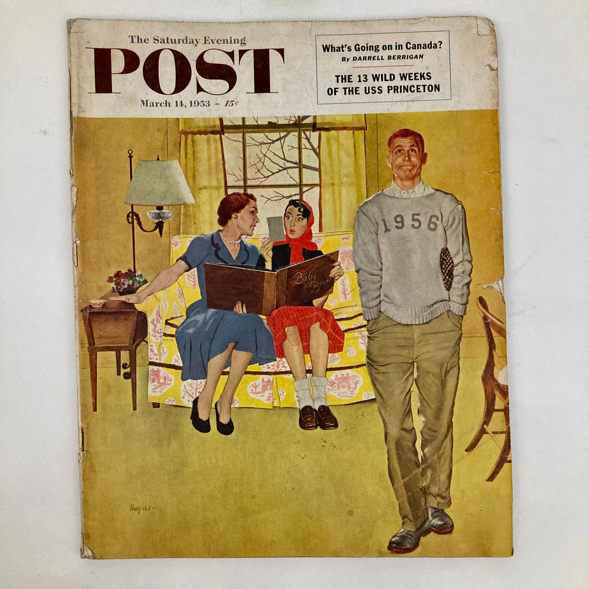 Cover of the Saturday Evening Post Magazine from March 14, 1953, featuring an illustration titled 'Mothers' by Hughes, depicting a family reading together in a vintage living room setting.