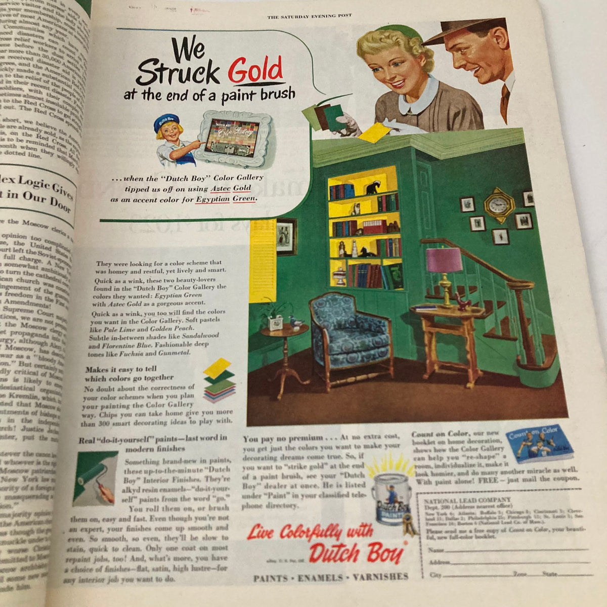 Vintage Saturday Evening Post Magazine March 14 1953 ad featuring Dutch Boy Color Gallery, showcasing a home interior painted in Egyptian Green with the slogan 'We Struck Gold at the end of a paint brush'.
