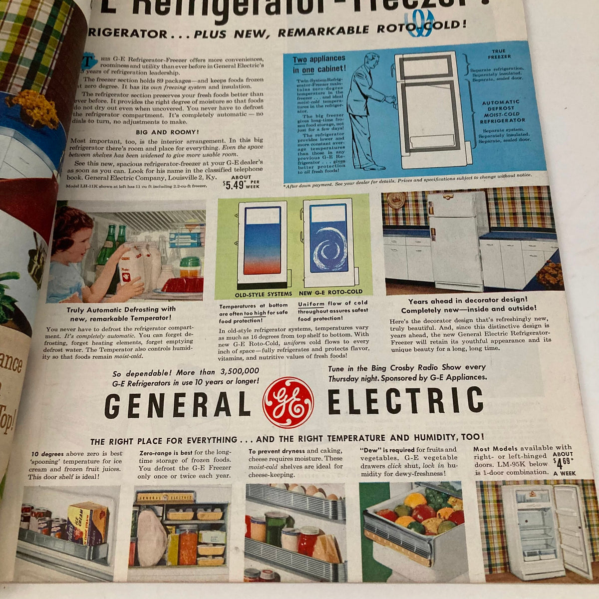 Saturday Evening Post Magazine March 14 1953 advertisement for General Electric Refrigerators, highlighting the new Roto-Cold feature and automatic defrosting capabilities.