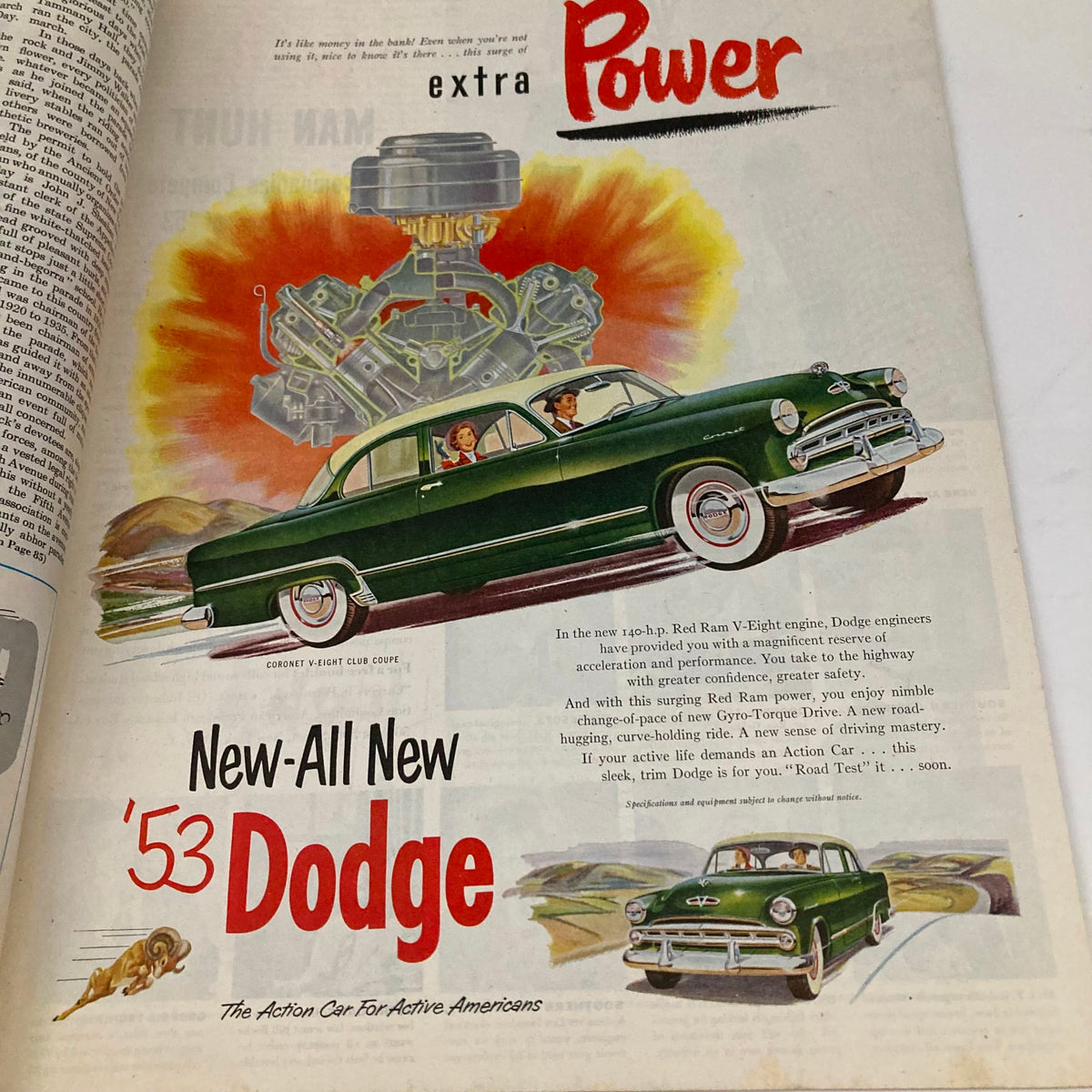 Vintage Saturday Evening Post Magazine March 14 1953 advertisement for the new '53 Dodge car, showcasing its Red Ram V-Eight engine and appealing design for active Americans.