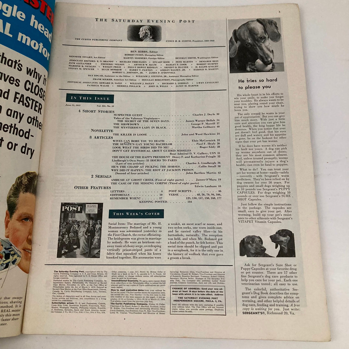 Inside page of the Saturday Evening Post Magazine June 13 1953 showcasing the table of contents and featured articles highlighting various stories and advertisements.
