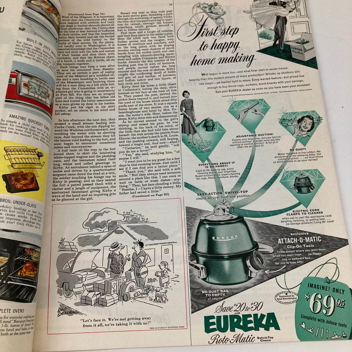 Advertising page from the Saturday Evening Post Magazine June 13 1953, featuring home appliances and an illustration of a family unpacking while discussing their home.