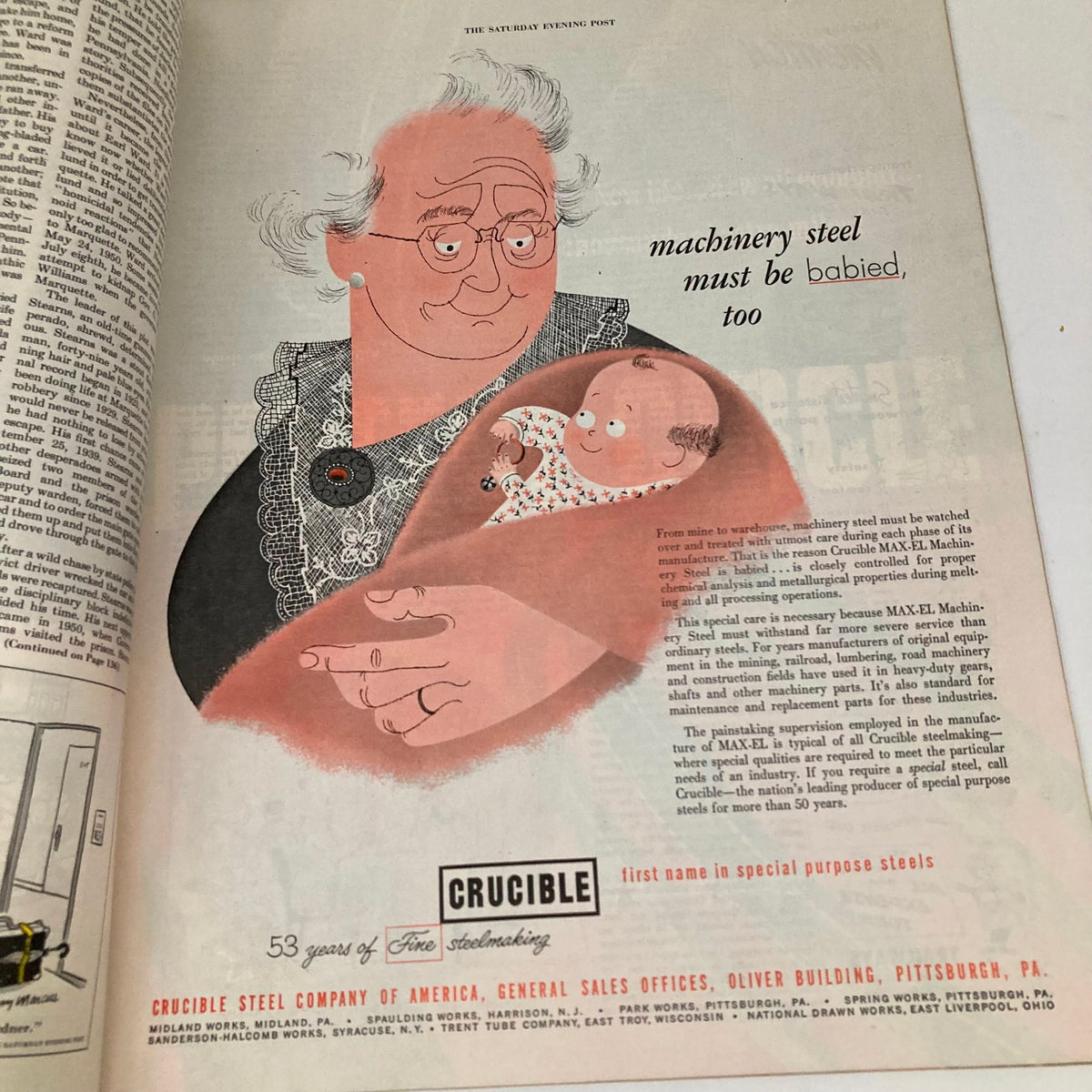 Illustration from Saturday Evening Post Magazine June 13 1953 featuring a grandmother holding a baby, promoting machinery steel care with the tagline 'machinery steel must be babied too,' showcasing the whimsical art style of Alajalov.