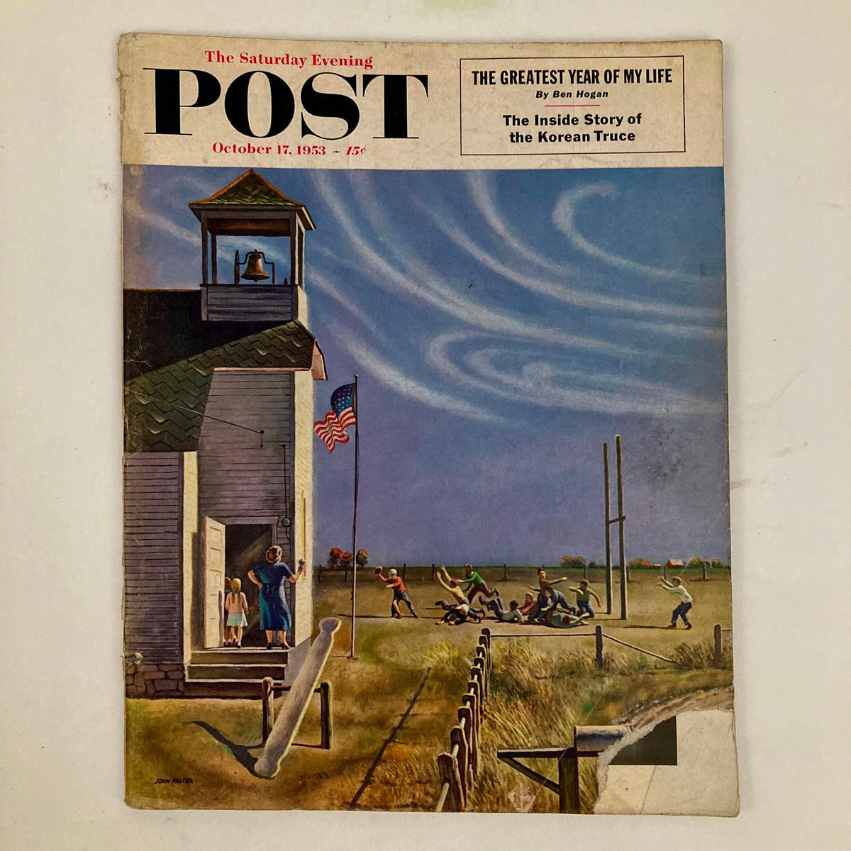 Vintage cover of Saturday Evening Post Magazine dated October 17, 1953, showcasing artwork by John Falter, depicting a nostalgic rural scene with children and adults engaging in outdoor activities.