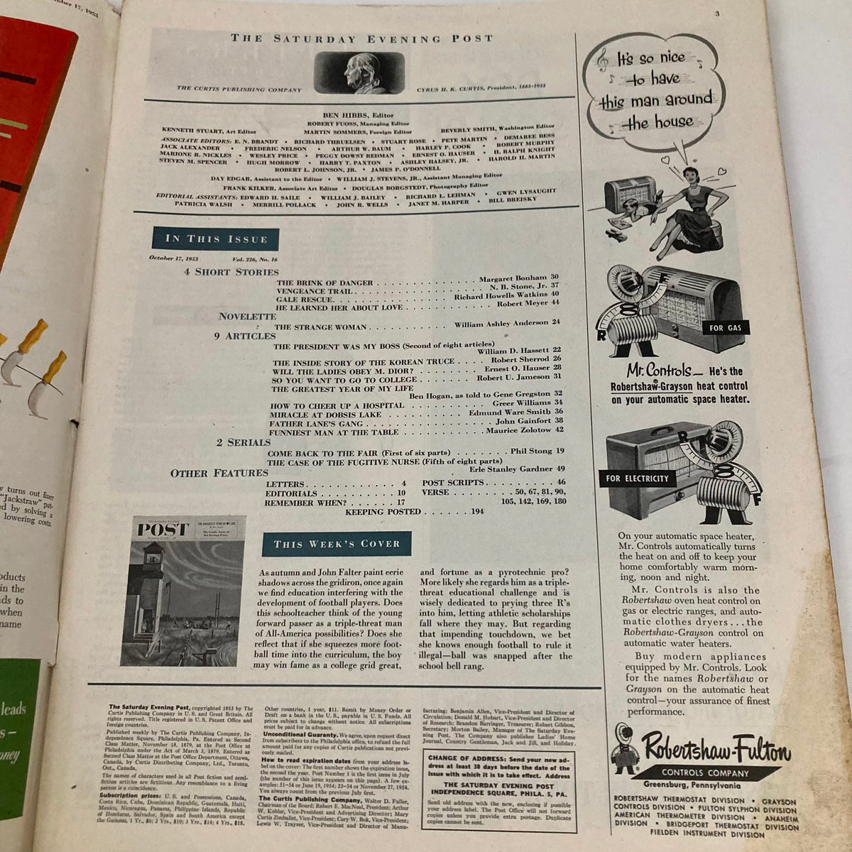 Interior page of the Saturday Evening Post Magazine from October 17, 1953, featuring the table of contents and editorial details of the magazine.