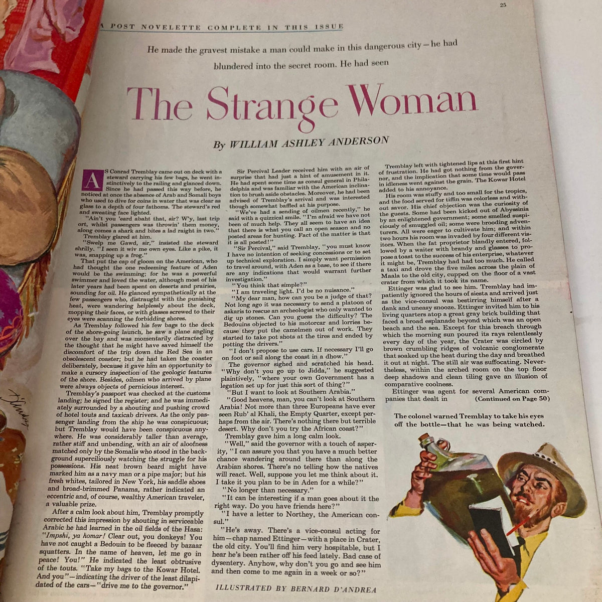 Page from the Saturday Evening Post Magazine October 17, 1953, detailing the novelette "The Strange Woman" by William Ashley Anderson, illustrated by Bernard D'Andrea.