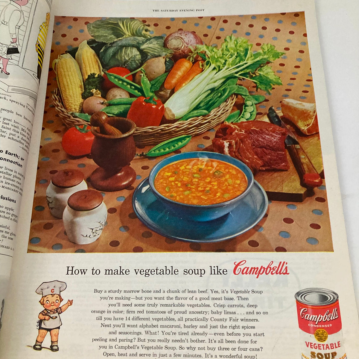 Saturday Evening Post Magazine Cover - October 17, 1953 featuring a colorful vegetable soup scene advertising Campbell's, with fresh vegetables and a chef illustration.