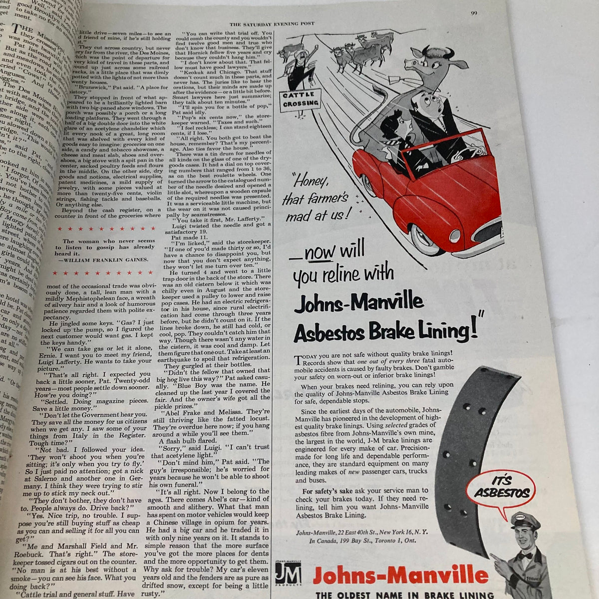 Saturday Evening Post Magazine content page dated October 17, 1953 showcasing an illustrated advertisement for Johns-Manville Asbestos Brake Lining, featuring whimsical cartoon imagery.