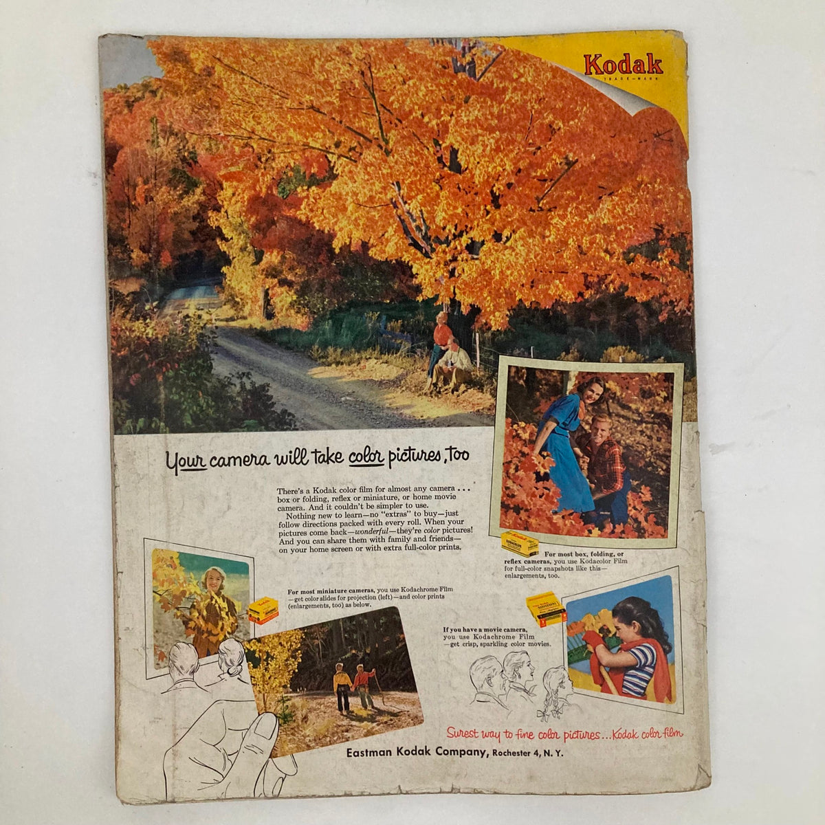 Saturday Evening Post Magazine back cover from October 17, 1953 promoting Kodak color film with vibrant autumn scenery and family portraits, emphasizing photography options.