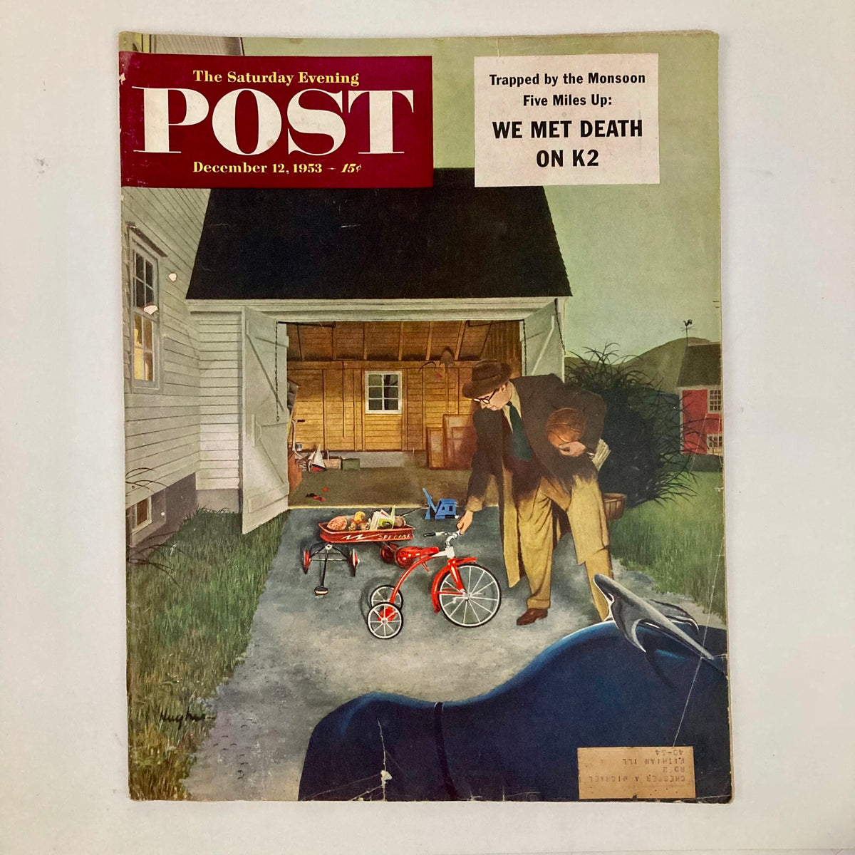 Cover of the Saturday Evening Post Magazine from December 12, 1953, featuring the artwork 'Tired Dad' by George Hughes, depicting a father and child in a nostalgic family scene.