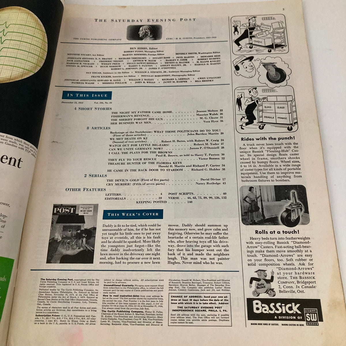 Inside page of the Saturday Evening Post Magazine December 12, 1953, showcasing the table of contents and highlights of the issue, including articles and features.