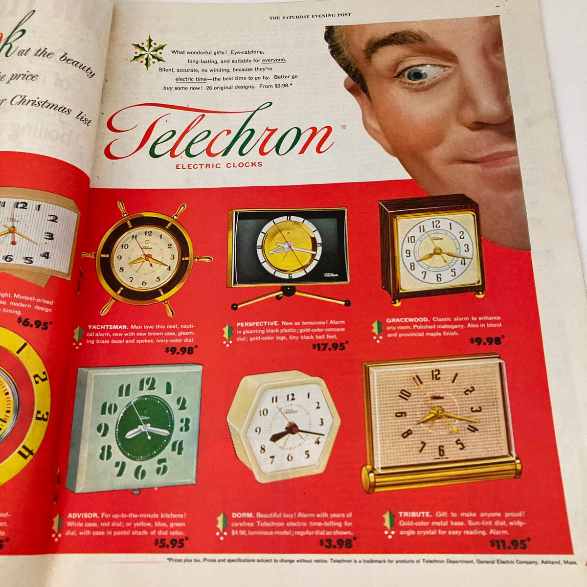 Vintage advertisement for Telechron electric clocks showcasing various clock designs with pricing in the Saturday Evening Post Magazine December 12, 1953 - Tired Dad by George Hughes.