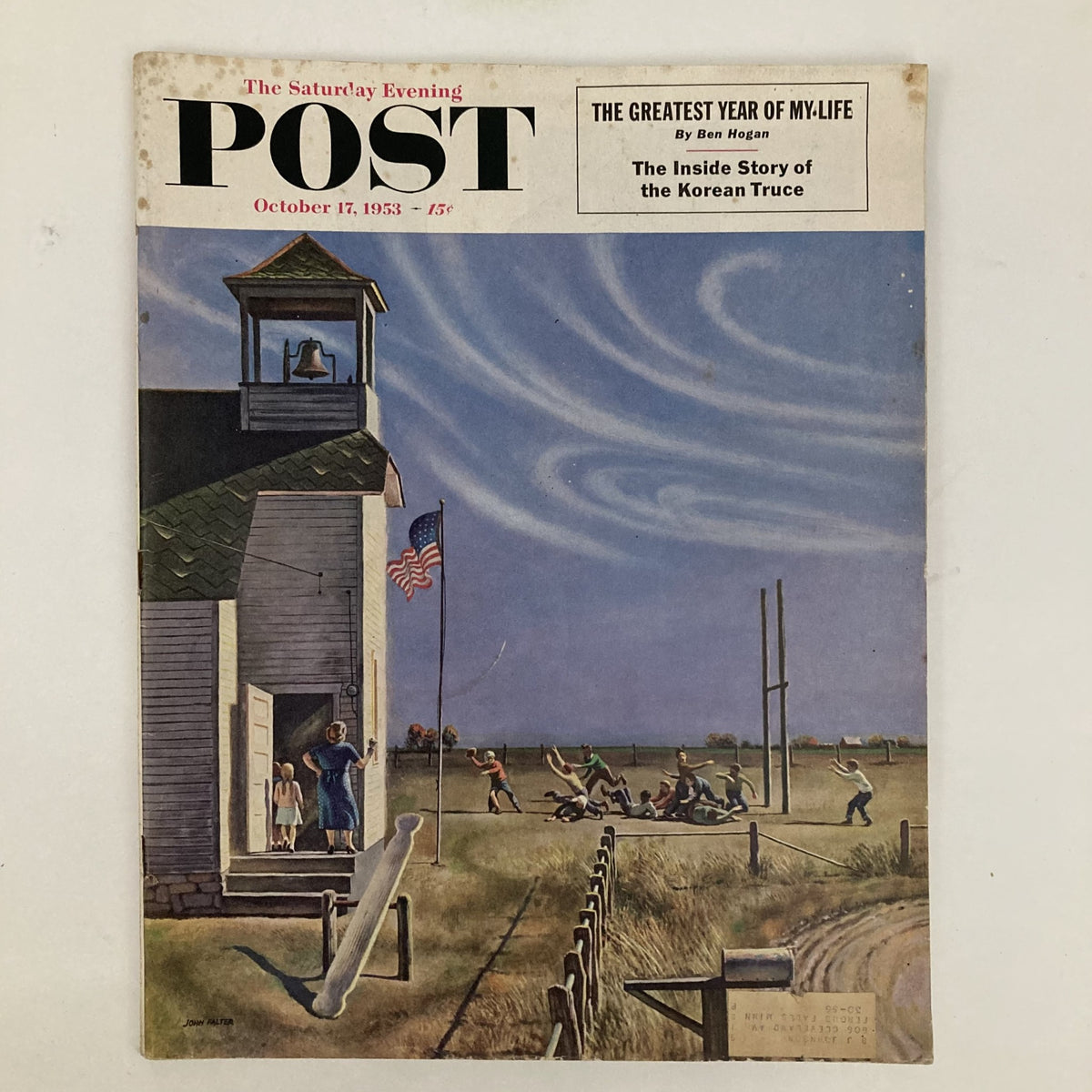 Cover of the Saturday Evening Post Magazine dated October 17, 1953, featuring autumn-themed artwork by John Falter, depicting children playing outside with a schoolhouse and an American flag.