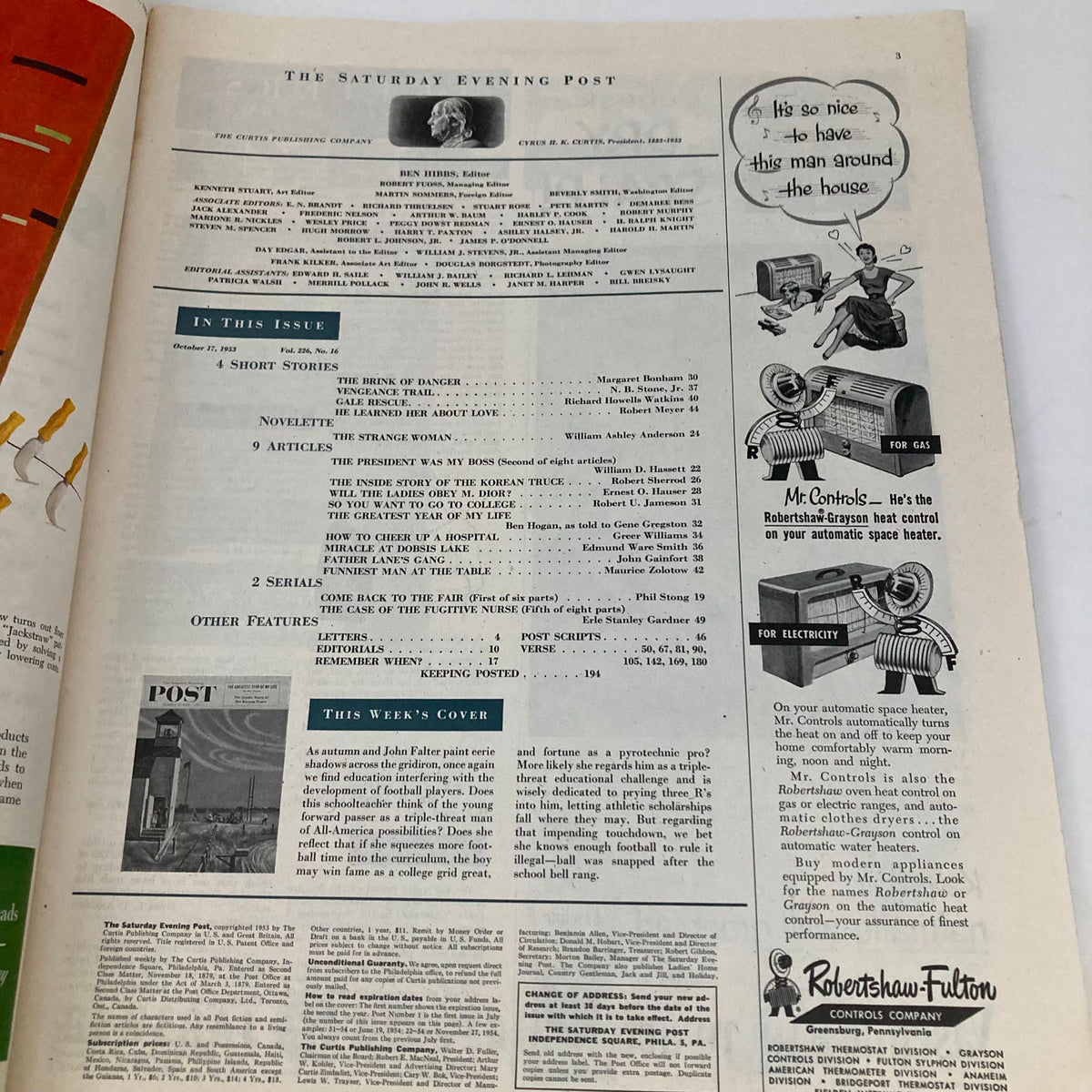 Interior page of the Saturday Evening Post Magazine from October 17, 1953, showing the table of contents and advertisements, focusing on the magazine's featured articles and the week’s cover.