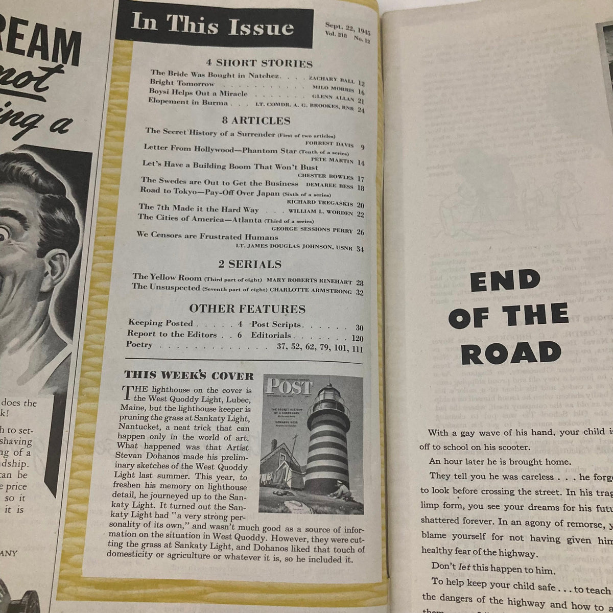 Table of contents from the Saturday Evening Post Magazine, September 22, 1945, highlighting articles including 'The Secret History of a Surrender' and 'Demaree Bess Reports on Sweden'.