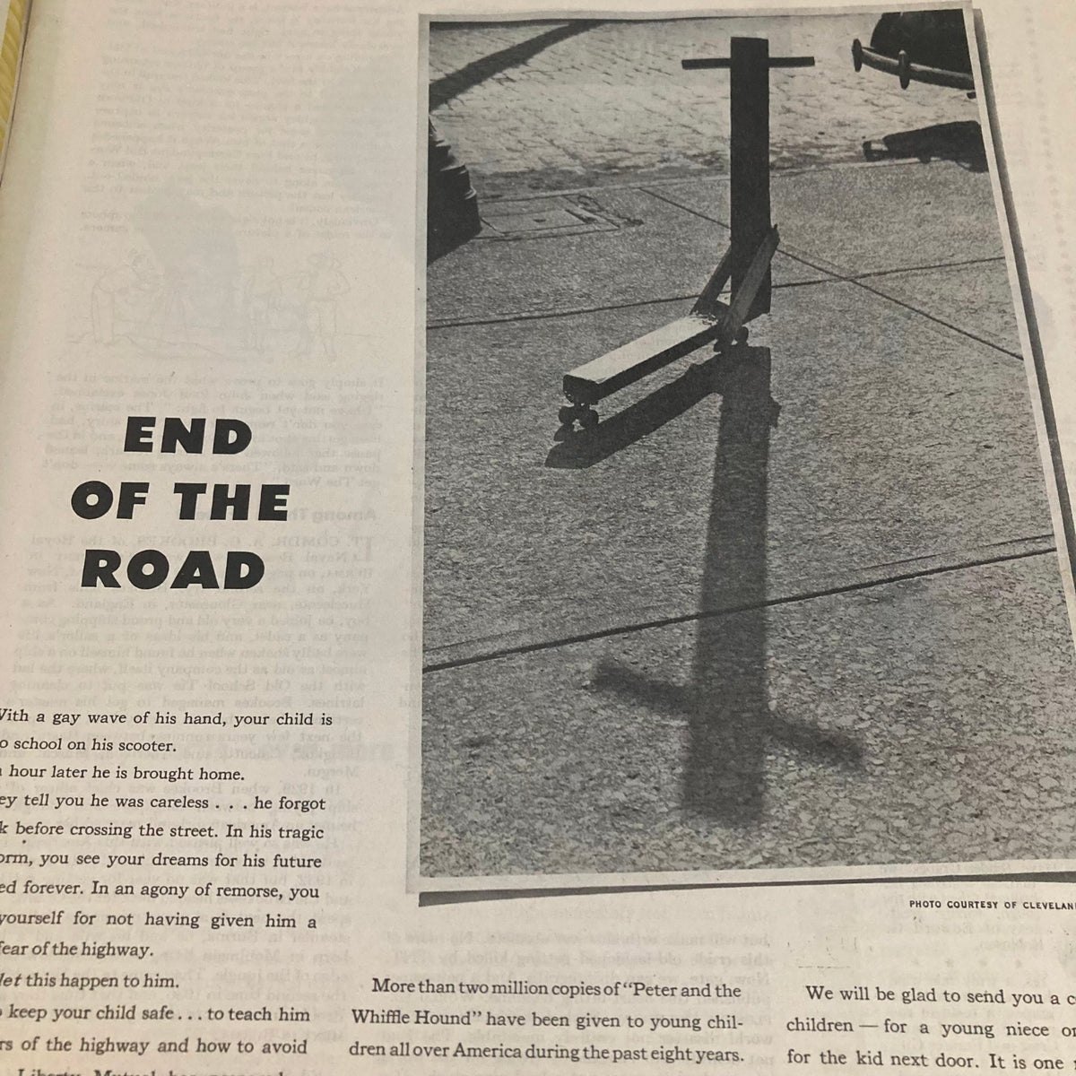 Page featuring a photo with the title 'End of the Road' from the Saturday Evening Post Magazine, September 22, 1945, discussing safety for children.