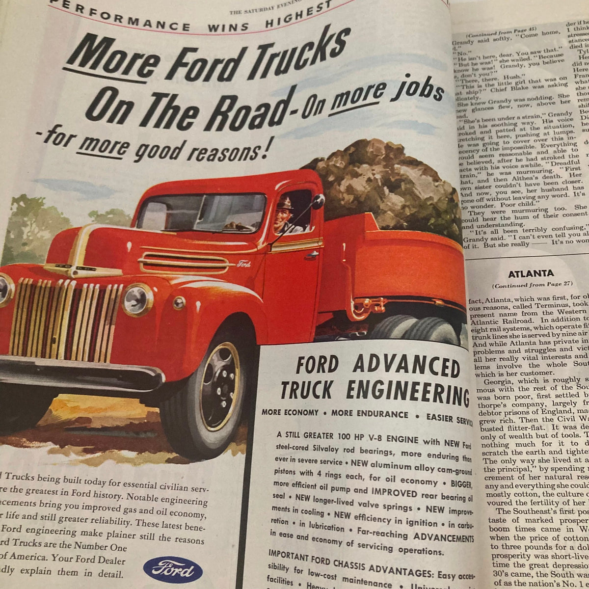 Advertisement for Ford Trucks featuring a vintage red truck from the Saturday Evening Post Magazine September 22 1945 with the headline 'More Ford Trucks On The Road'.