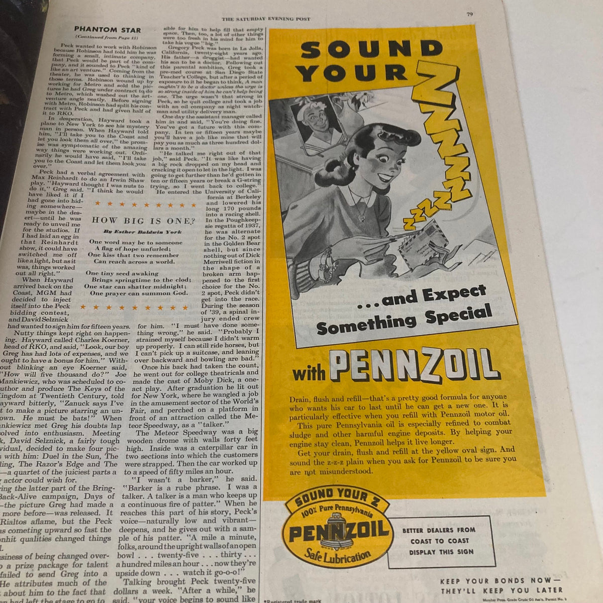 A vintage advertisement for Pennzoil motor oil from the Saturday Evening Post Magazine September 22 1945, showcasing a woman and text 'Sound Your Zzzz... and Expect Something Special with Pennzoil'.