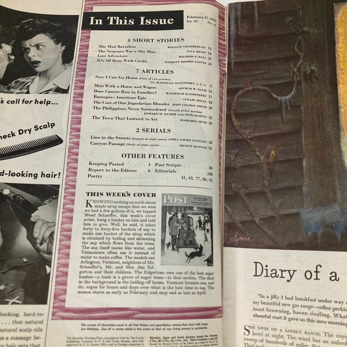 Table of contents from Saturday Evening Post Magazine February 17, 1945, listing articles and features in this vintage publication.