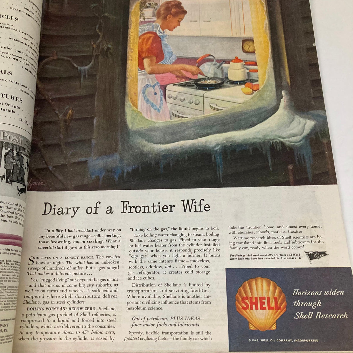Illustration titled 'Diary of a Frontier Wife' from Saturday Evening Post Magazine February 17, 1945, depicting a woman cooking in a rustic kitchen.