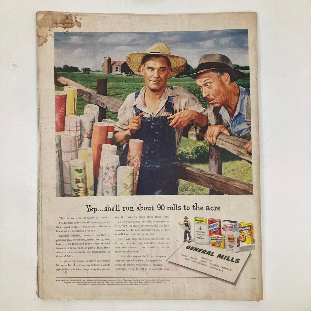 Vintage advertisement featuring two farmers discussing crop rolls in the Saturday Evening Post Magazine February 17, 1945, with colorful rolls of wallpaper displayed in the foreground.