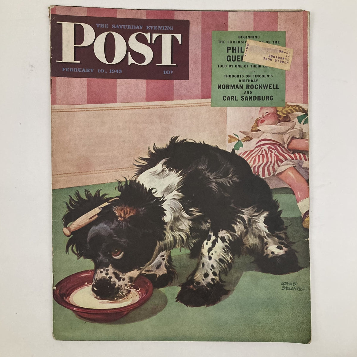 Cover of Saturday Evening Post Magazine February 10 1945 featuring an illustrated dog artwork by Albert Staehle, showcasing a playful spaniel drinking from a bowl.