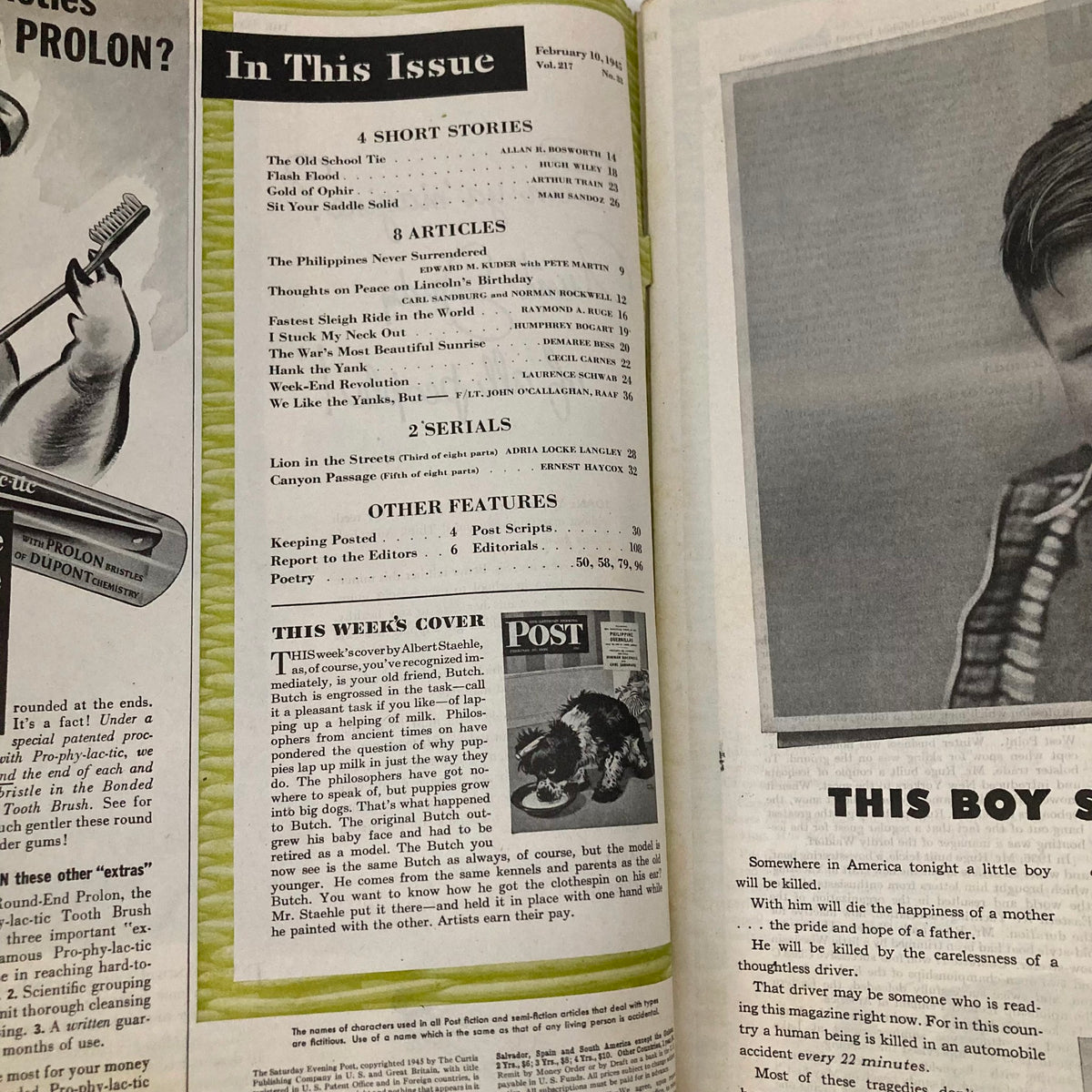 Interior page from Saturday Evening Post Magazine February 10 1945 displaying the table of contents, highlighting various articles and stories featured in the issue.