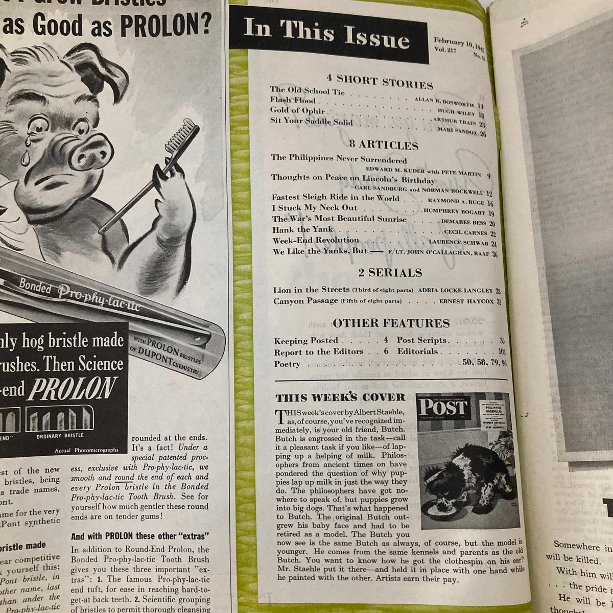 Inside page of Saturday Evening Post Magazine February 10, 1945 displaying the contents and articles, including a note about the cover art by Albert Staehle.