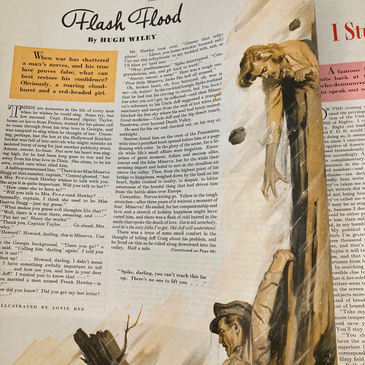 Illustrated story in Saturday Evening Post Magazine February 10, 1945 titled 'Flash Flood' by Hugh Wiley, demonstrating vintage artwork and narrative style.