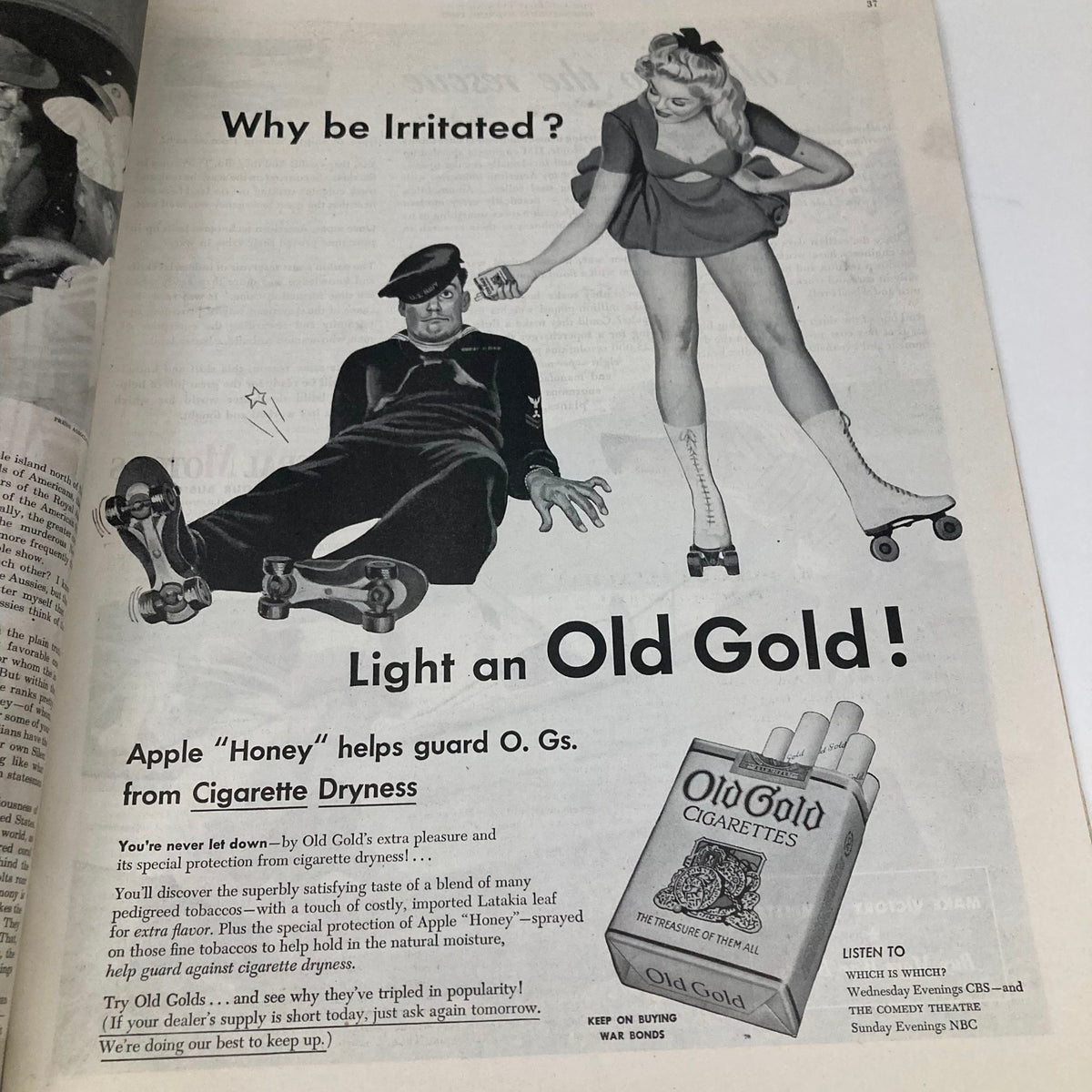 An advertisement for Old Gold cigarettes featuring a woman in roller skates helping a man in military uniform who has fallen. This image is from the Saturday Evening Post Magazine February 10, 1945.
