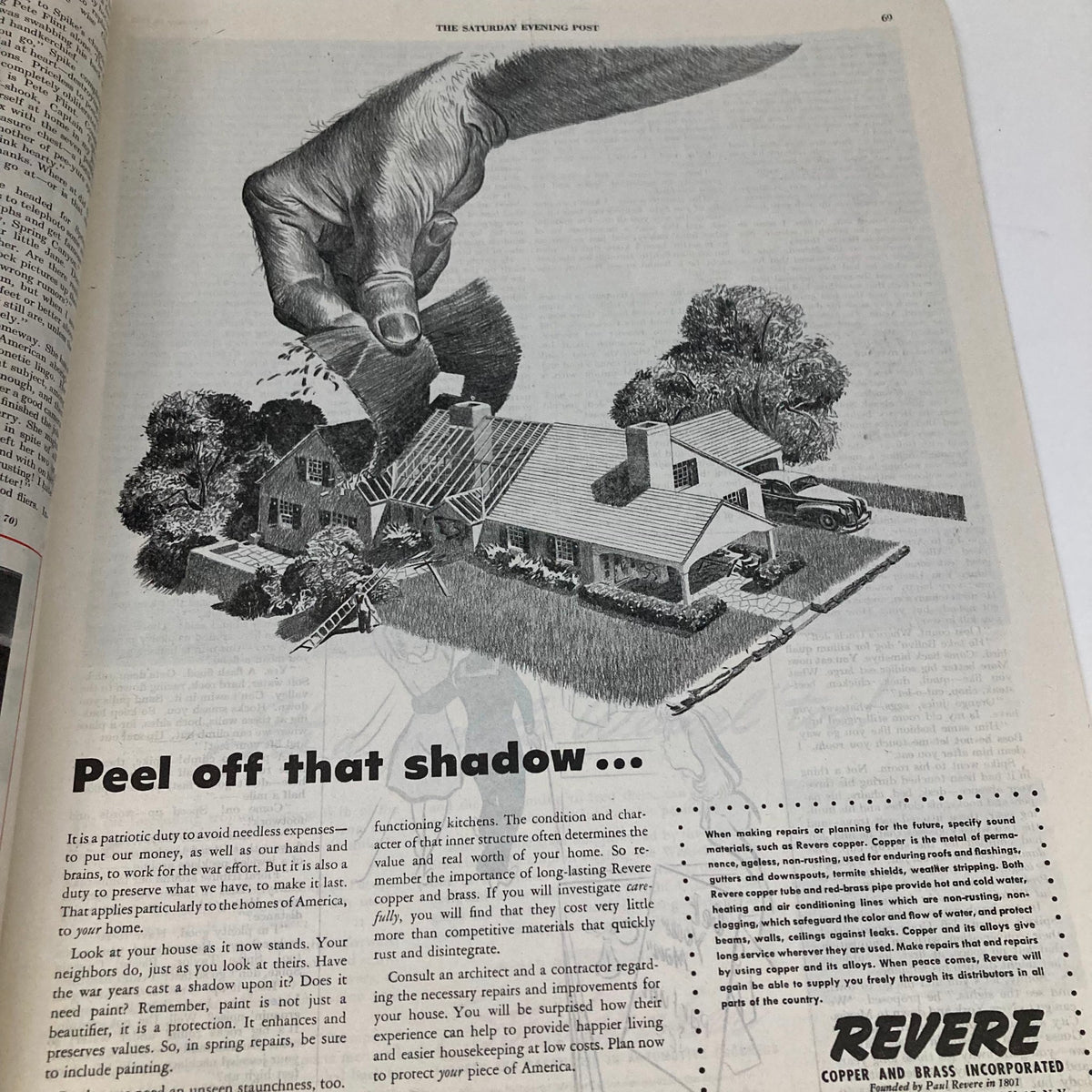 Illustration of a hand pulling back the roof of a house, symbolizing home improvement. The image is featured in the Saturday Evening Post Magazine February 10, 1945.
