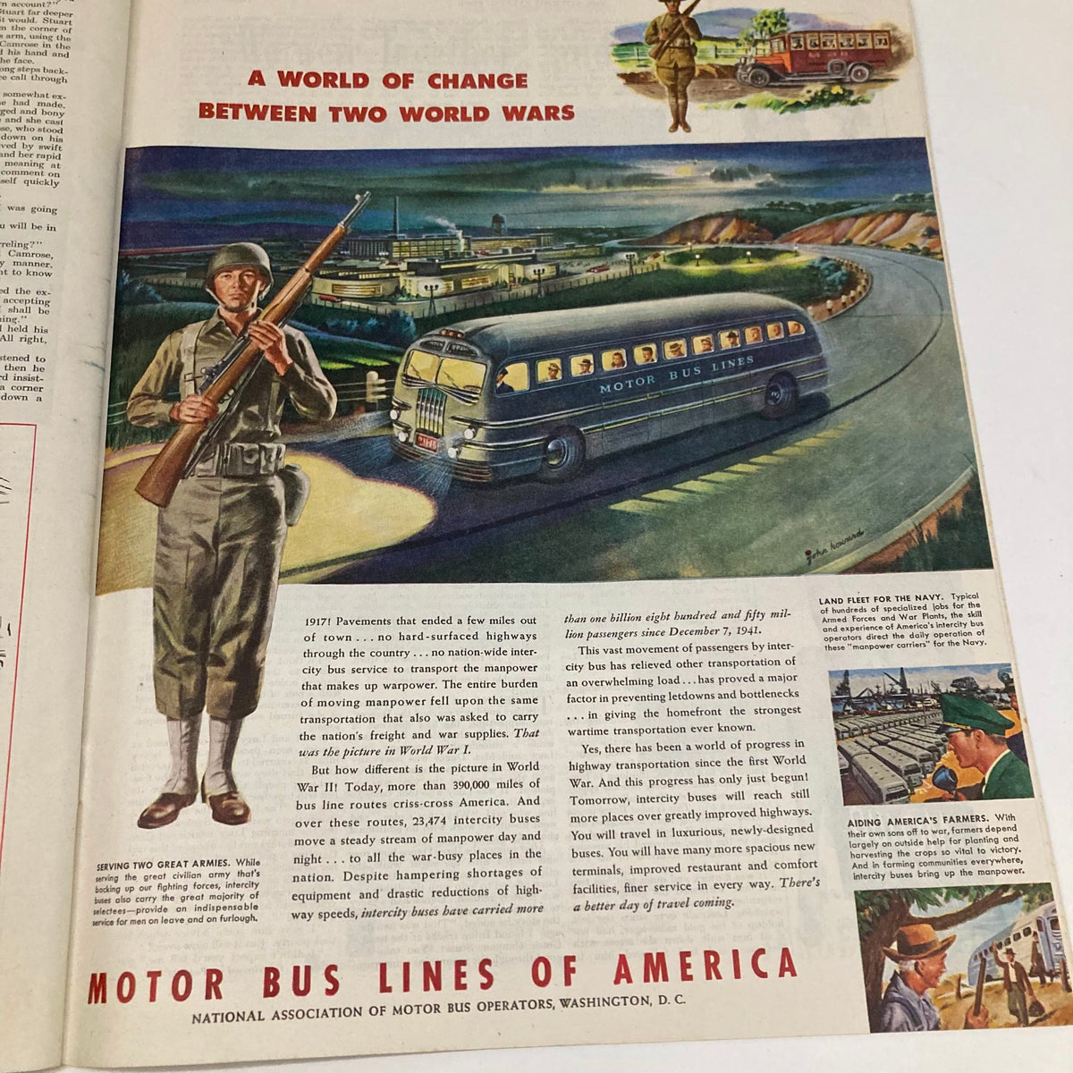 A vivid advertisement depicting a soldier with a rifle near a motor bus, representing the transition between the two world wars. This image comes from the Saturday Evening Post Magazine February 10, 1945.