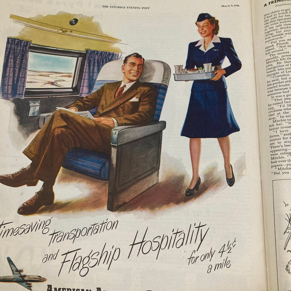 Vintage illustration showcasing a stylish man enjoying in-flight service from an air hostess in the Saturday Evening Post Magazine, March 9, 1946.