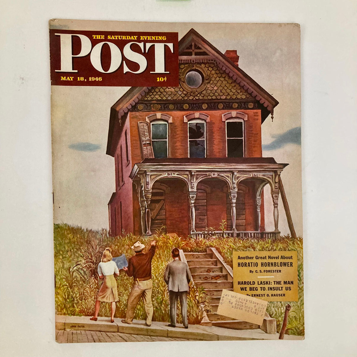 Cover of the Saturday Evening Post Magazine from May 18, 1946, featuring an illustrated artwork by John Falter depicting a vintage house and people interacting in a nostalgic setting.